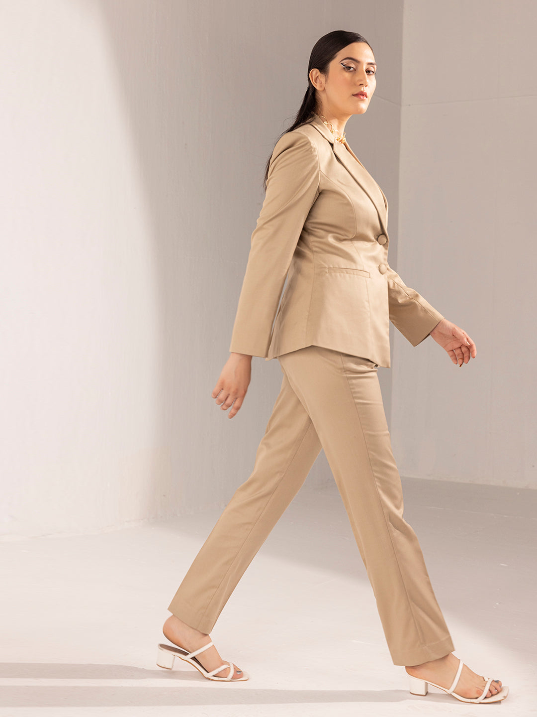 Formal Poly Viscose Pant Suit For Women - Beige | Power Sutra